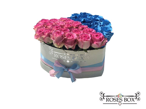 Heart Box 25 Rosas fucsias y azules