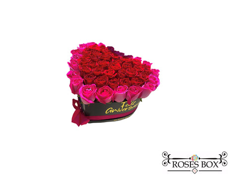 Heart Box de 50 Rosas Rojas y Fucsias