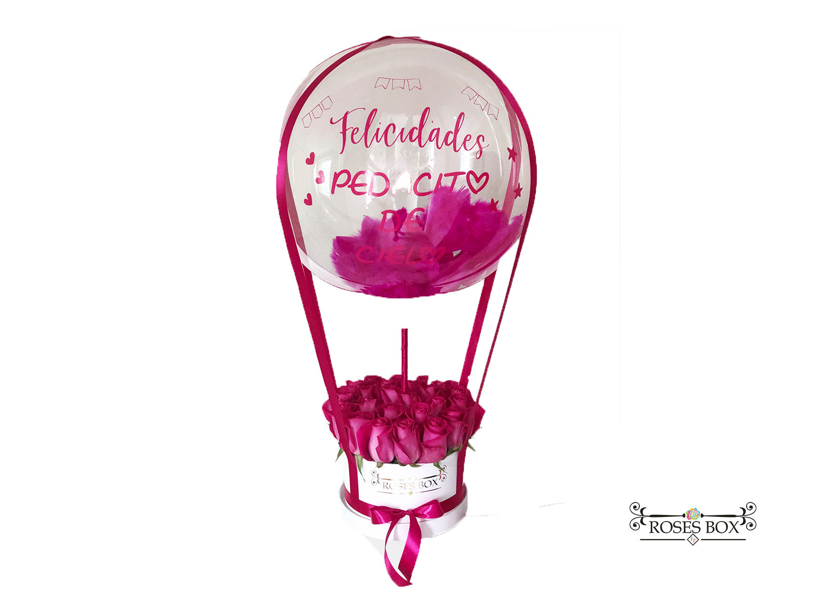 Round Box 25 Rosas fucsias y globo