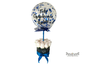 Round Box 12 Rosas Blancas con Globo